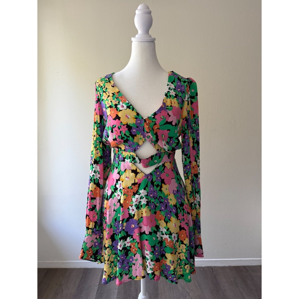 ARFM Long Sleeve Floral Mini Dress S Petite Cutout Front Festival Retro Boho Y2K